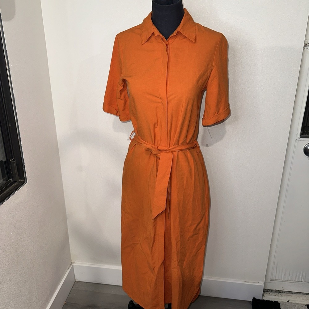 Ivo Nikkolo Orange Button Up Linen Dress Short Sleeve Size XS Waist Belt
